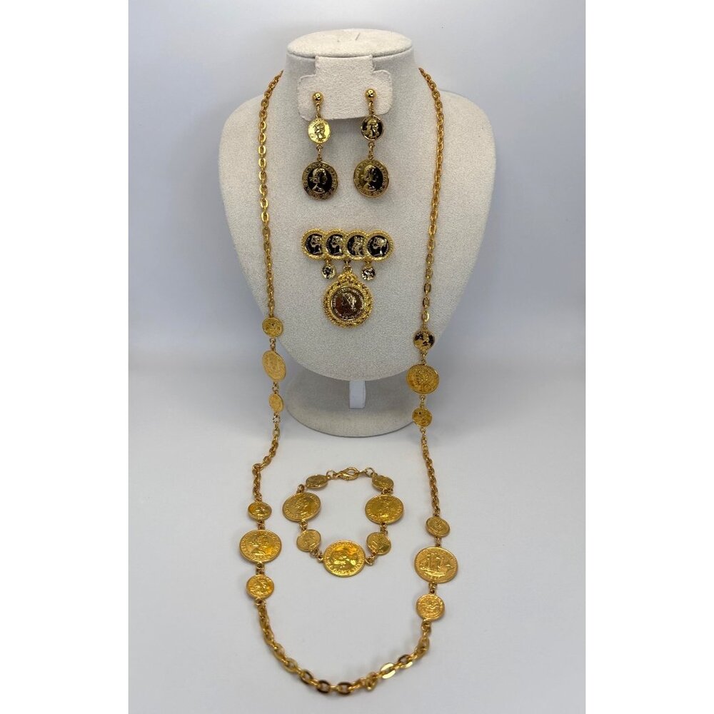 Gold Tone Faux Coin Jewelry Set Necklace Bracelet Earrings & Brooch Pin